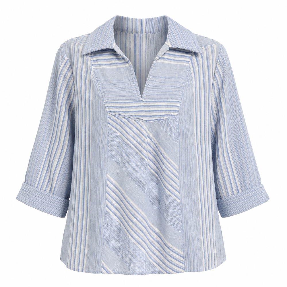 Vintage Lady Holiday Blue White Striped Tunic Blouse V-Neck 3/4 Sleeve Medium
